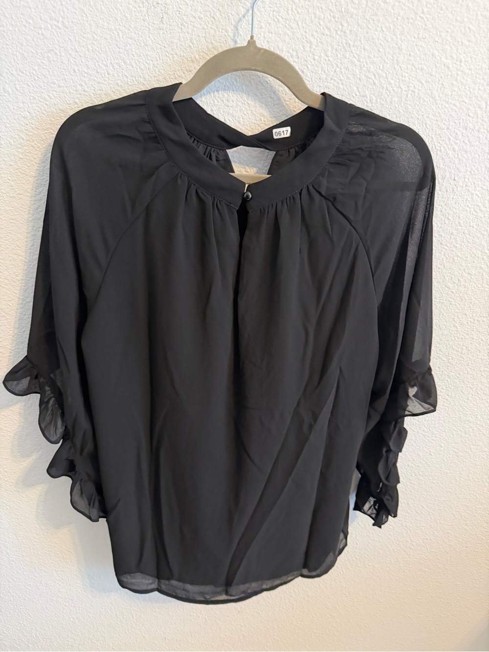 Black Ruffle Sleeve Blouse with Gathered Neckline
